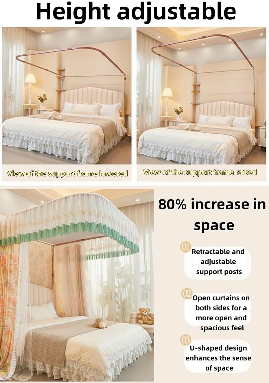 Lace Canopy Bed Curtains, U-Shaped Rail Bed Canopy with Metal Frame, Double Layer Mosquito Net Canopy for Twin Full Queen Beds, Bedroom Decor(Green,W70.9 x L86.6in)