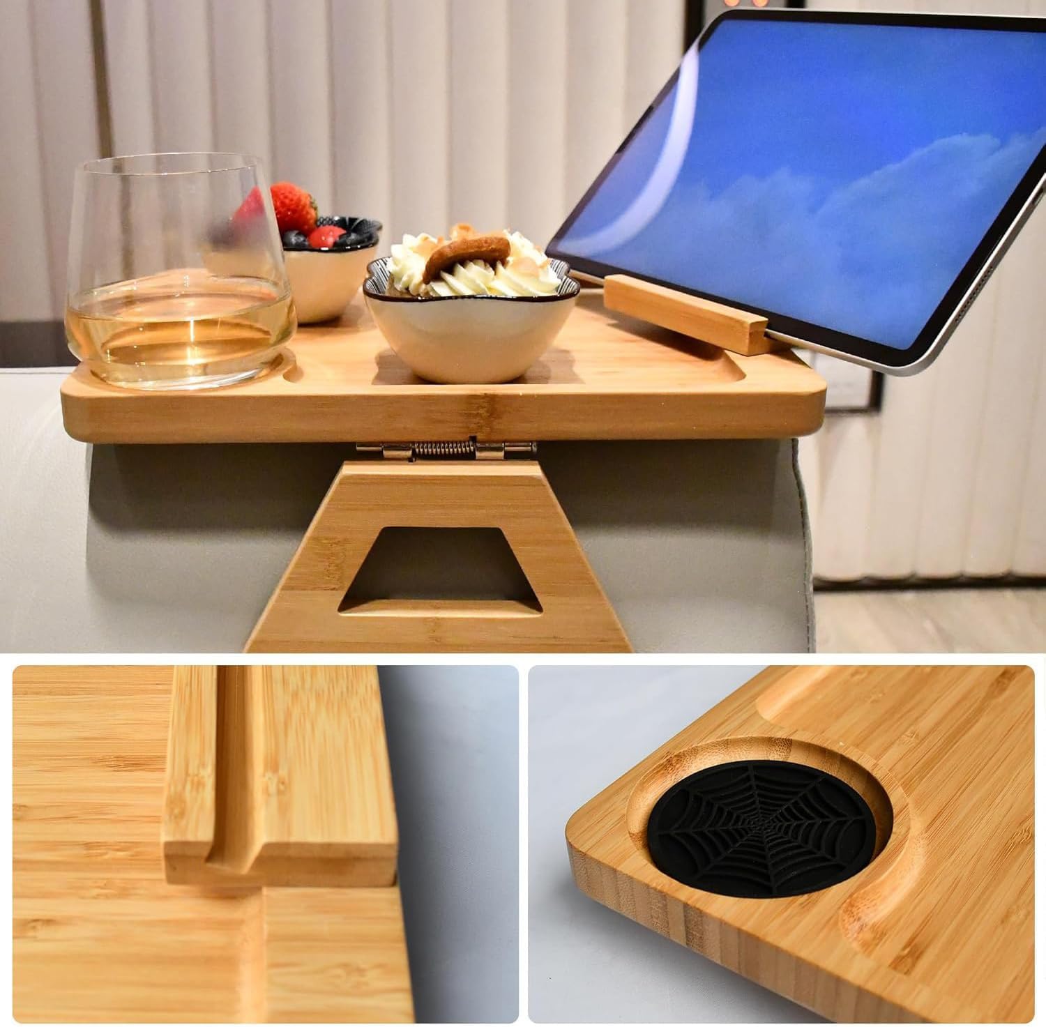 Couch Arm Tray, Bamboo Couch Armrest Table with Cup Holder & 360° Phone Holder, Foldable Snack Tray for Eating, Drinks, Snacks, Remote, Food - Fits Most Sofa Arms.