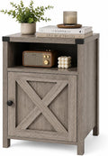 Farmhouse End Table, Nightstand with Barn Door and Shelf,Grey Wash | End Tables,Wooden Sofa Side Table, Modern Bed Side Table Rustic Nightstands, Bedroom, Living Room