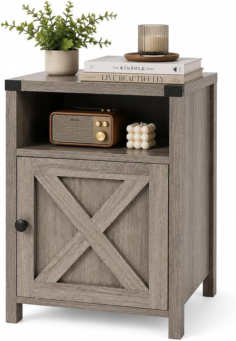 Farmhouse End Table, Nightstand with Barn Door and Shelf,Grey Wash | End Tables,Wooden Sofa Side Table, Modern Bed Side Table Rustic Nightstands, Bedroom, Living Room