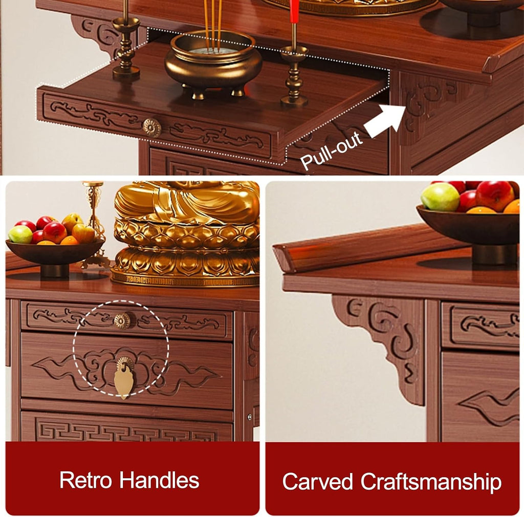 Meditation Table, Altar Cabinet with Pull-Out Storage Board, Personal Shrine Stand for Homes and Temples