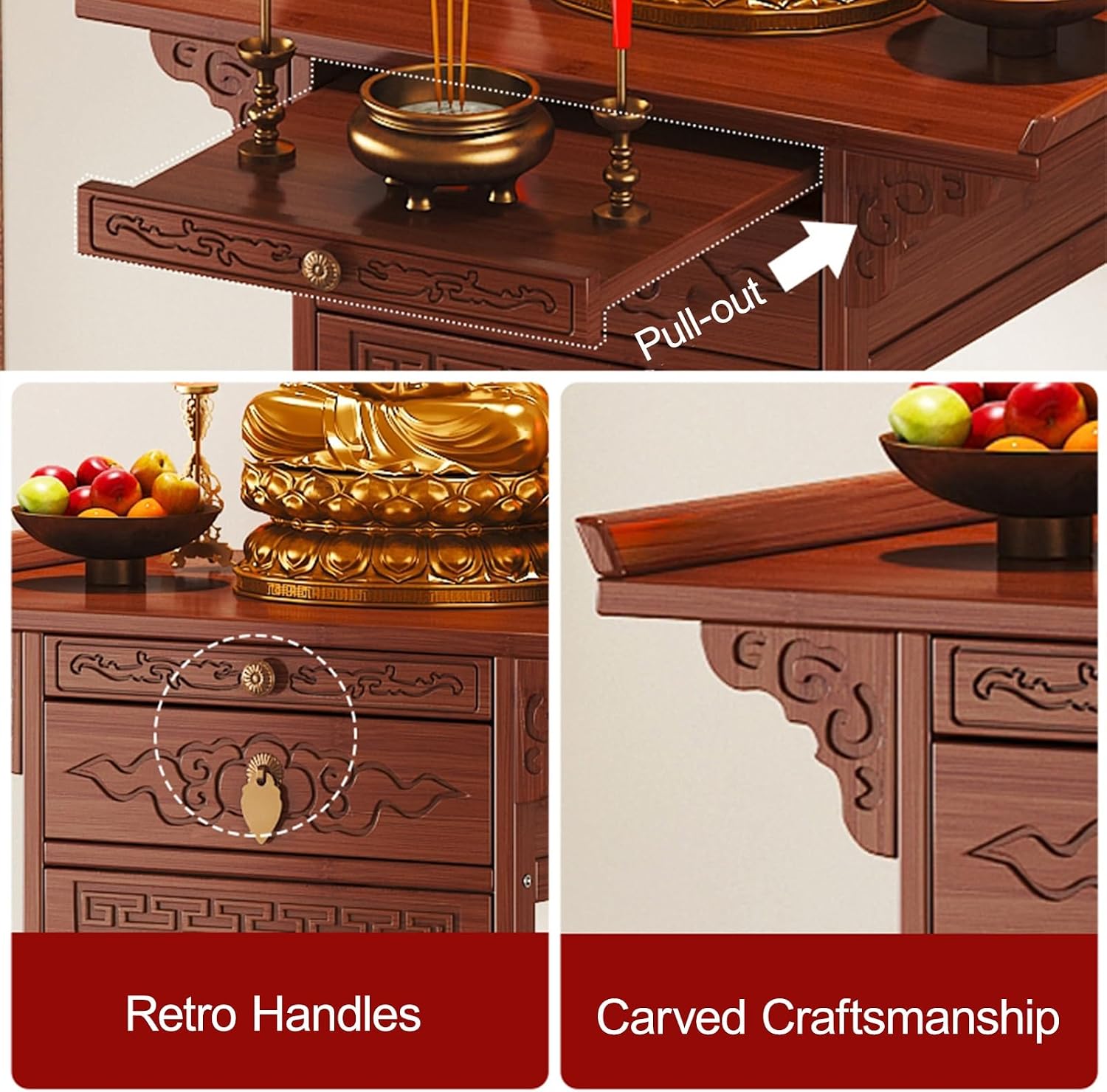Meditation Table, Altar Cabinet with Pull-Out Storage Board, Personal Shrine Stand for Homes and Temples