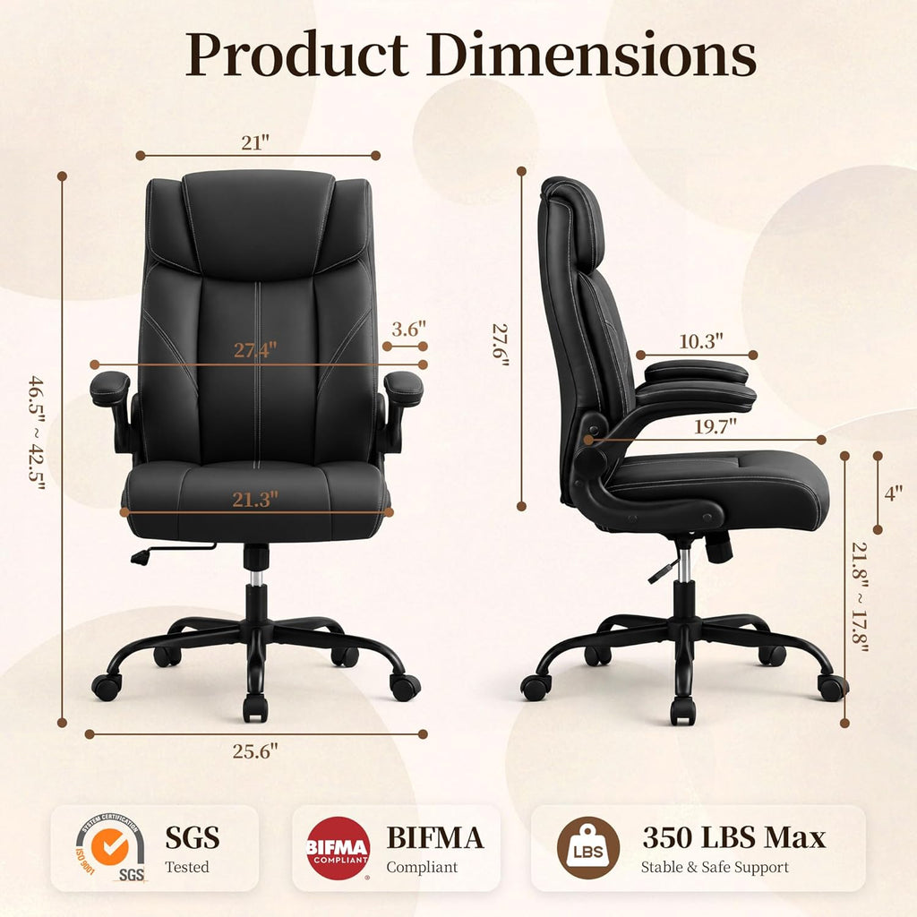 Office Chair, Leather Ergonomic Computer Desk Chair with Rocking Function, High Back Executive Home Office Chair with Adjustable Flip-up Armrests, Lumbar Support, 360° Swivel, Black