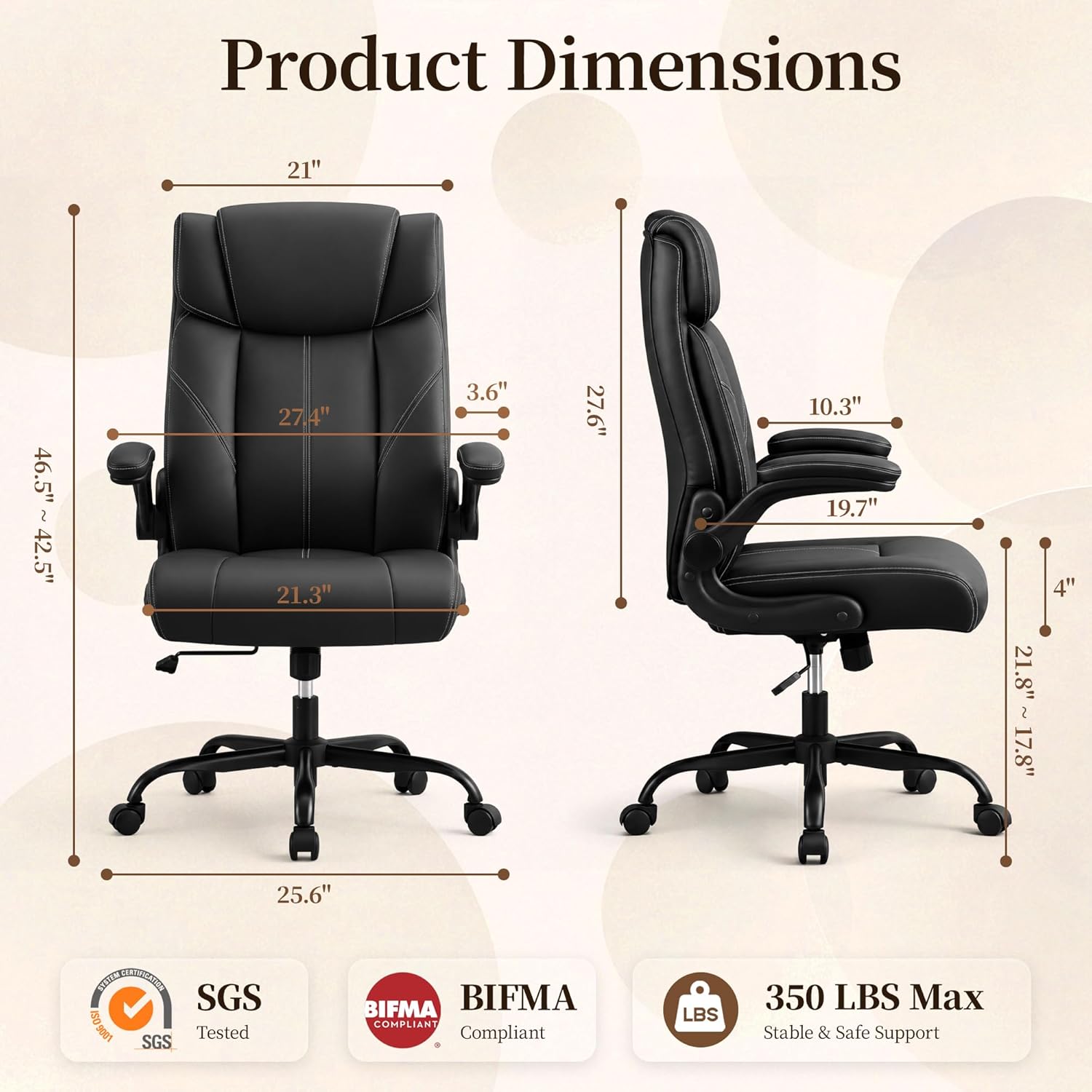 Office Chair, Leather Ergonomic Computer Desk Chair with Rocking Function, High Back Executive Home Office Chair with Adjustable Flip-up Armrests, Lumbar Support, 360° Swivel, Black