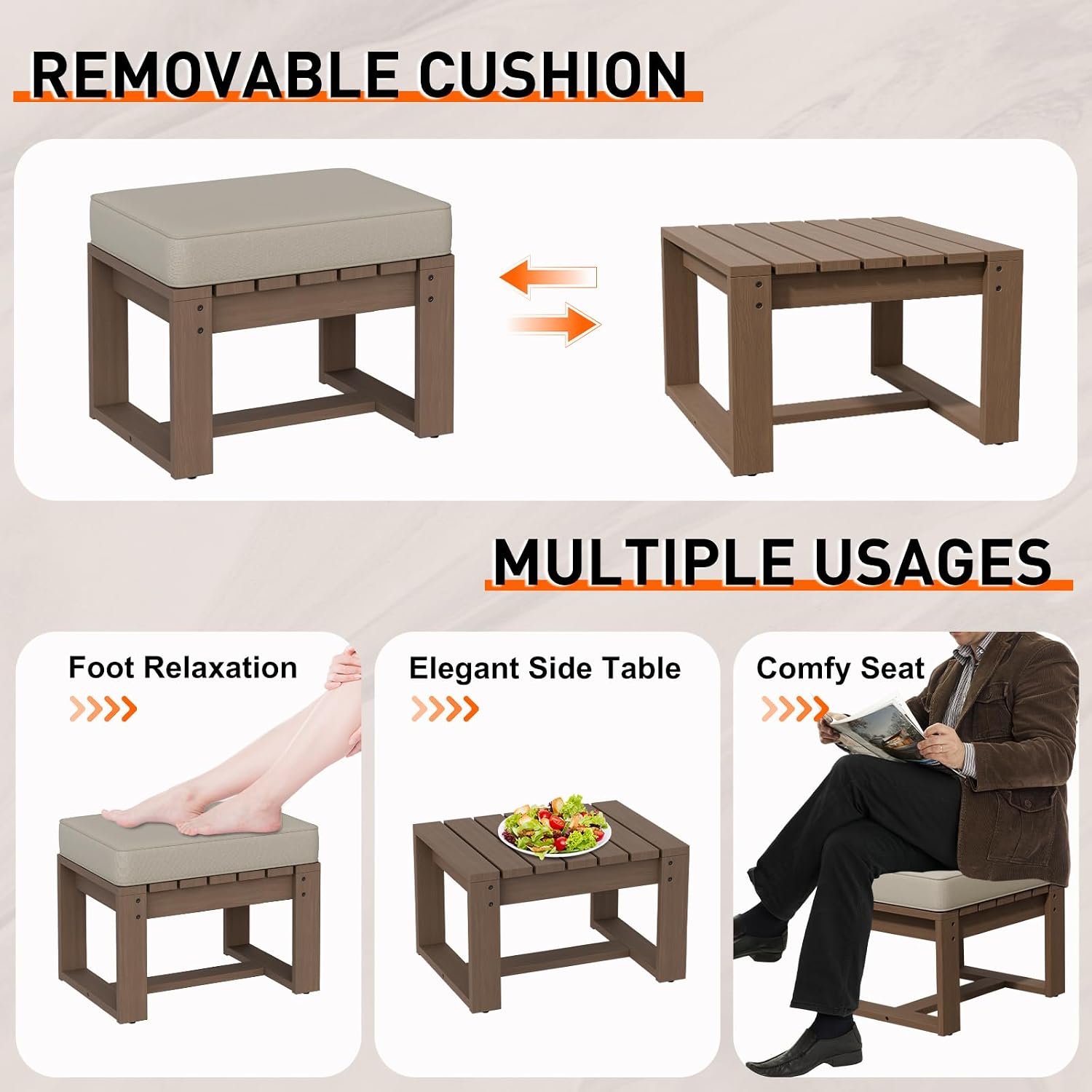 Rustic Hideaway Natural Cedar Wood Ottoman Foot Rest, Patio Foot Stools Ottomans with Removable Cushions, Outdoor Real Wood Footrest, 2 Pieces, Brownish/Beige