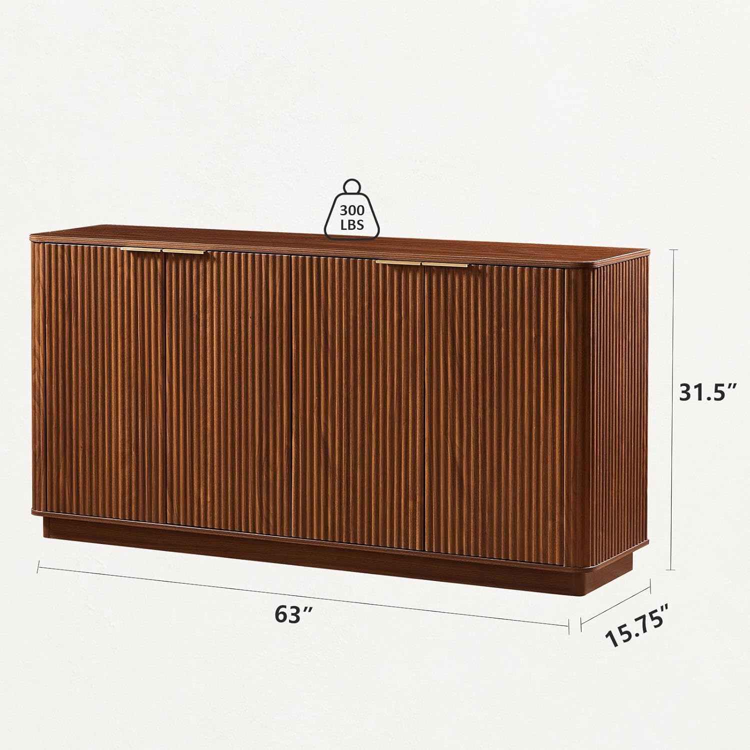 VMU 63" Fluted Sideboard Buffet Cabinet with Storage, Walnut Modern Wood Credenza Media Console with 4 Doors, Mid Century Sideboard for Living Room Kitchen Entryway