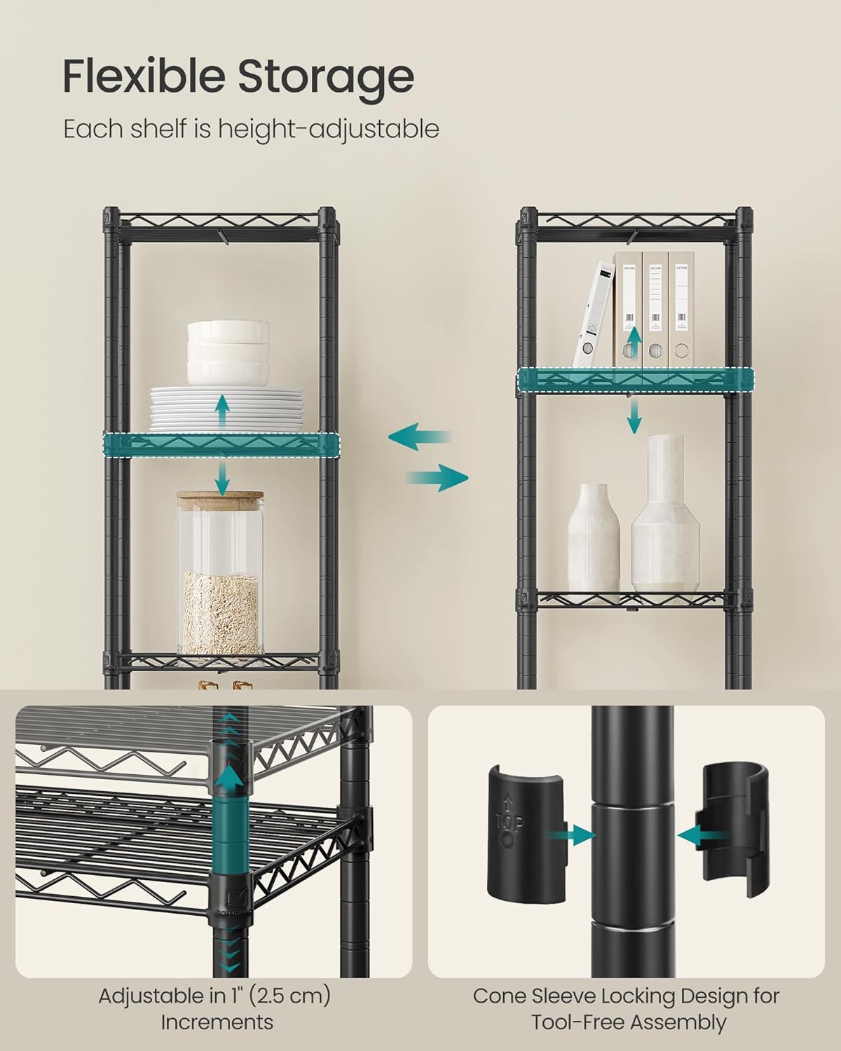 SONGMICS Storage Shelf, Small Metal Wire Shelving Unit, Adjustable Shelves, for Small Spaces, Garage, Bedroom, Living Room, Kitchen, Pantry, 5 Tier, 11.8 x 11.8 x 47.6 Inches, Ink Black ULGR123BH01
