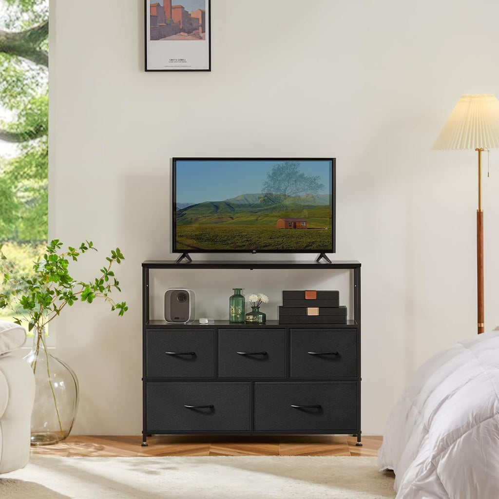 DUMOS TV Stand, Dresser with 5 Fabric Storage Drawers, Media Console Featuring Open Shelf for TV, Compact Entertainment Unit for Bedroom, Living Space, or Dorm Organization, Black