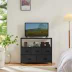 DUMOS TV Stand, Dresser with 5 Fabric Storage Drawers, Media Console Featuring Open Shelf for TV, Compact Entertainment Unit for Bedroom, Living Space, or Dorm Organization, Black