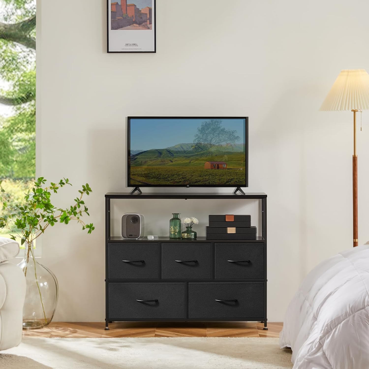 DUMOS TV Stand, Dresser with 5 Fabric Storage Drawers, Media Console Featuring Open Shelf for TV, Compact Entertainment Unit for Bedroom, Living Space, or Dorm Organization, Black
