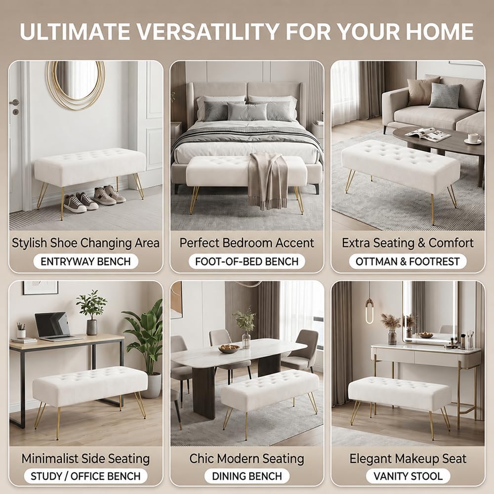 Velvet Button-Tufted Entryway Bench, 39.37" Modern Upholstered Bedroom Bench with Gold Metal Legs, Padded Rectangular End of Bed Bench for Living Room, Dining Room (White)