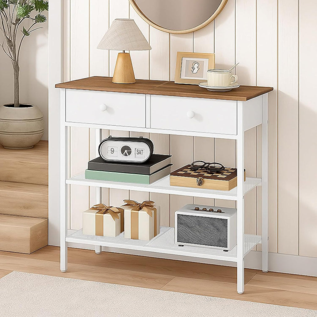 HOOBRO 29.5" Narrow Console Table with 2 Fabric Drawers, Sofa Table, Small Entryway Table with 3-Tier Storage Shelves, Behind Couch Table, for Living Room, Hallway, Walnut and White WH72XG01