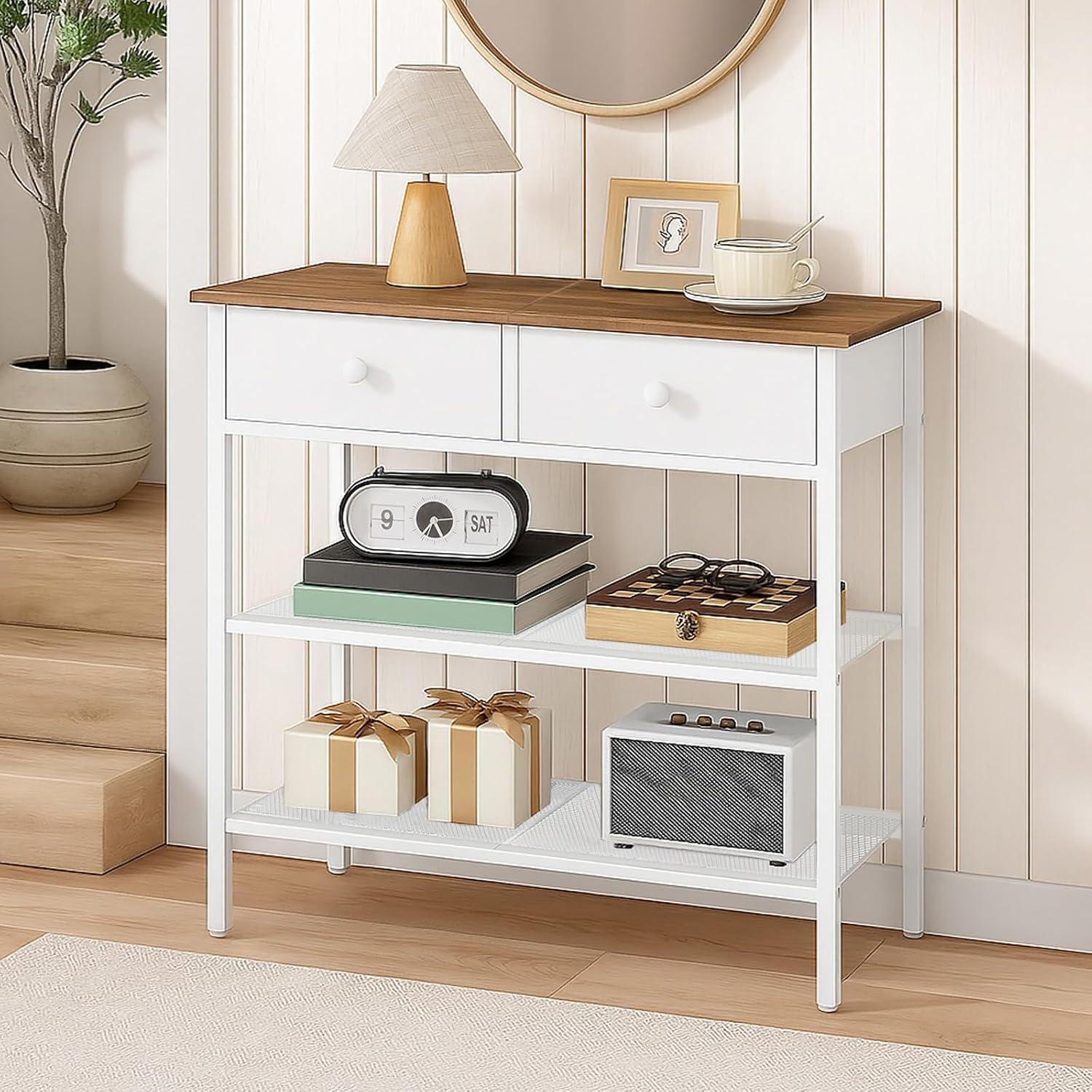 HOOBRO 29.5" Narrow Console Table with 2 Fabric Drawers, Sofa Table, Small Entryway Table with 3-Tier Storage Shelves, Behind Couch Table, for Living Room, Hallway, Walnut and White WH72XG01