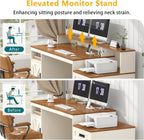 TVU Farmhouse Computer Desk with Drawers, 65'' Home Office Desk with Power Outlets, Storage Cabinet and Printer Stand, Study Writing Desks with Long Monitor Stand, Brown and White