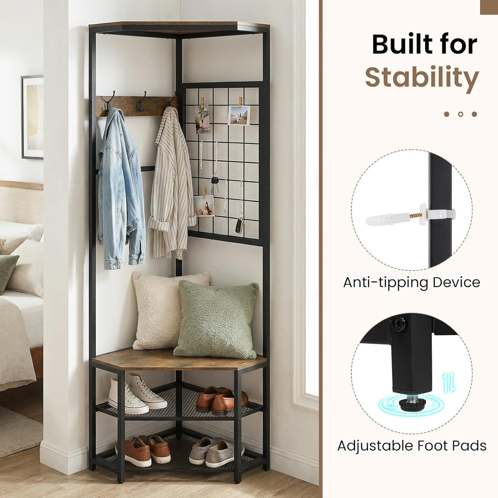 Giantex Corner Hall Tree with Shoe Bench, 4-Tier Freestanding Coat Rack with Hooks & 2-Tier Metal Wire Shoe Rack, Industrial Corner Storage Organizer for Entryway, Hallway, Bedroom
