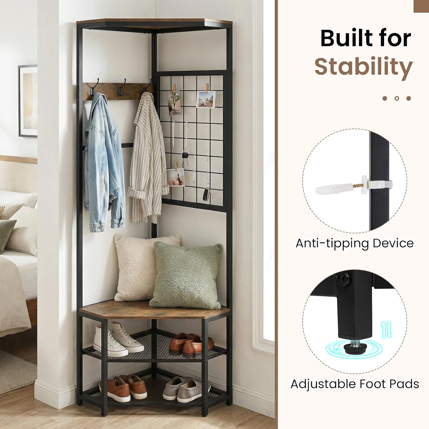 Giantex Corner Hall Tree with Shoe Bench, 4-Tier Freestanding Coat Rack with Hooks & 2-Tier Metal Wire Shoe Rack, Industrial Corner Storage Organizer for Entryway, Hallway, Bedroom