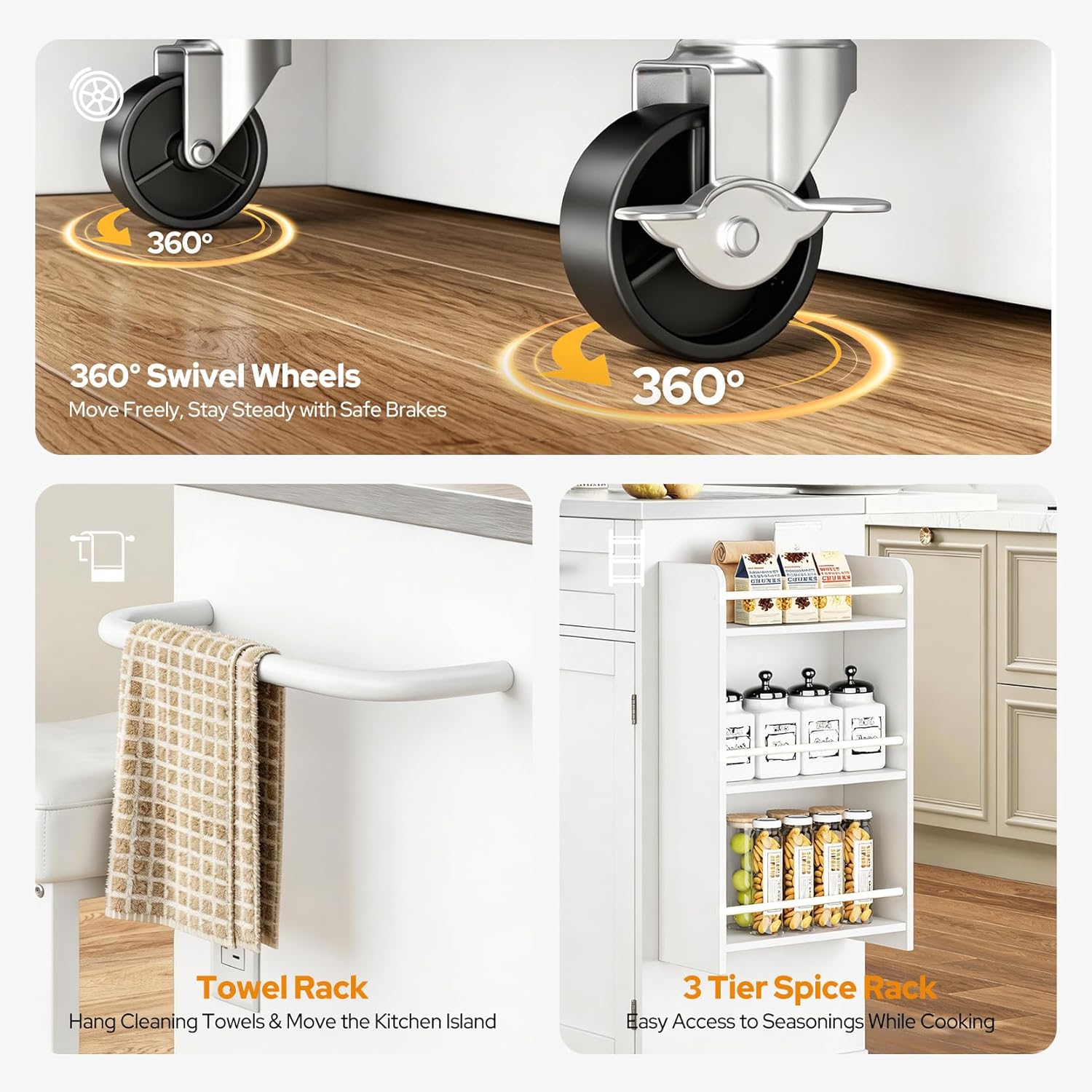 Concho 56'' Rolling Kitchen Island with Seating and Stainless Steel Countertop, Mobile Kitchen Carts with Folding Drop Leaf, 2 Bar Stools, Power Outlet, Spice/Towel Rack, Zircon White
