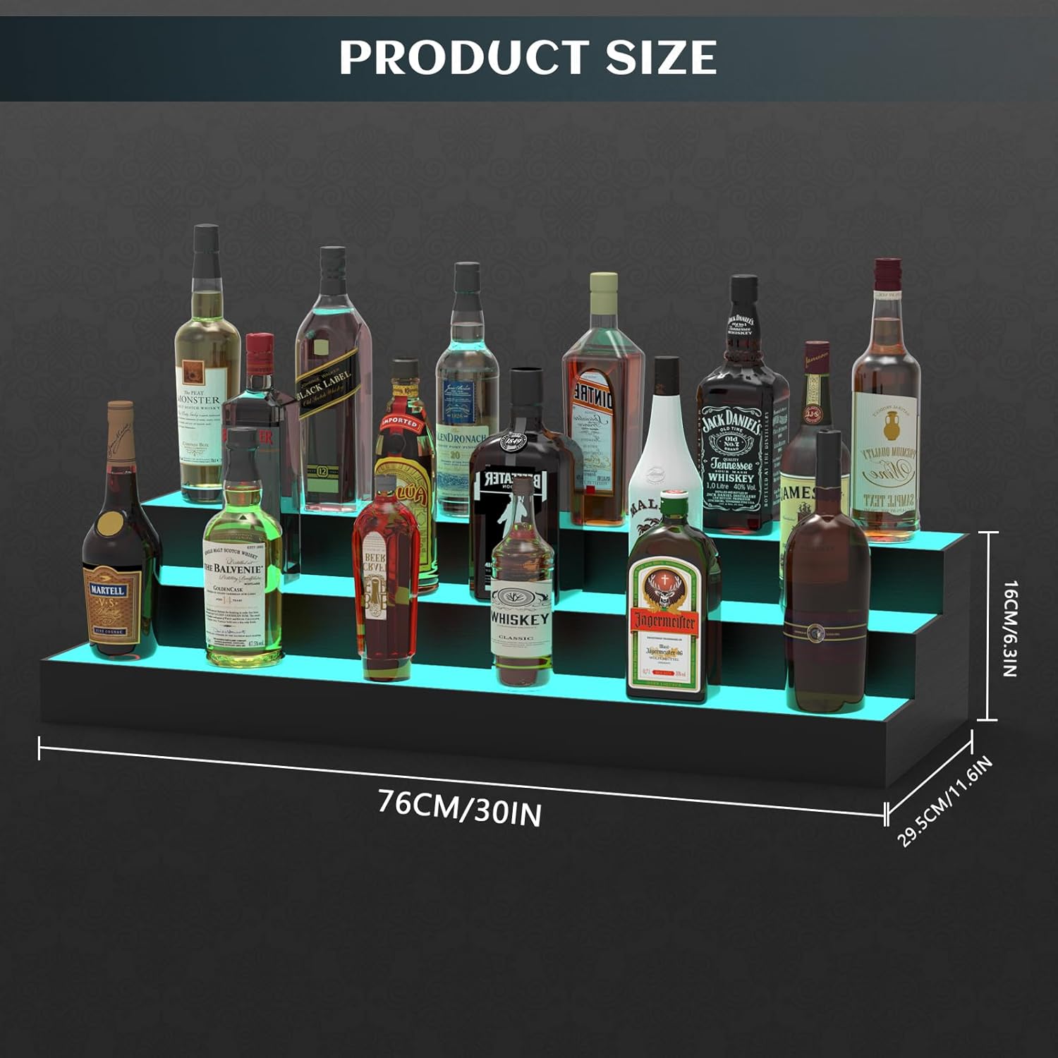 upcessory LED Lighted Liquor Bottle Display Shelf, 3 Tier 30 Inch Alcohol Whiskey Rack Stand Tray for Home Bar Living Room Accessories and Decor, Bourbon Shelf for 24 Bottles