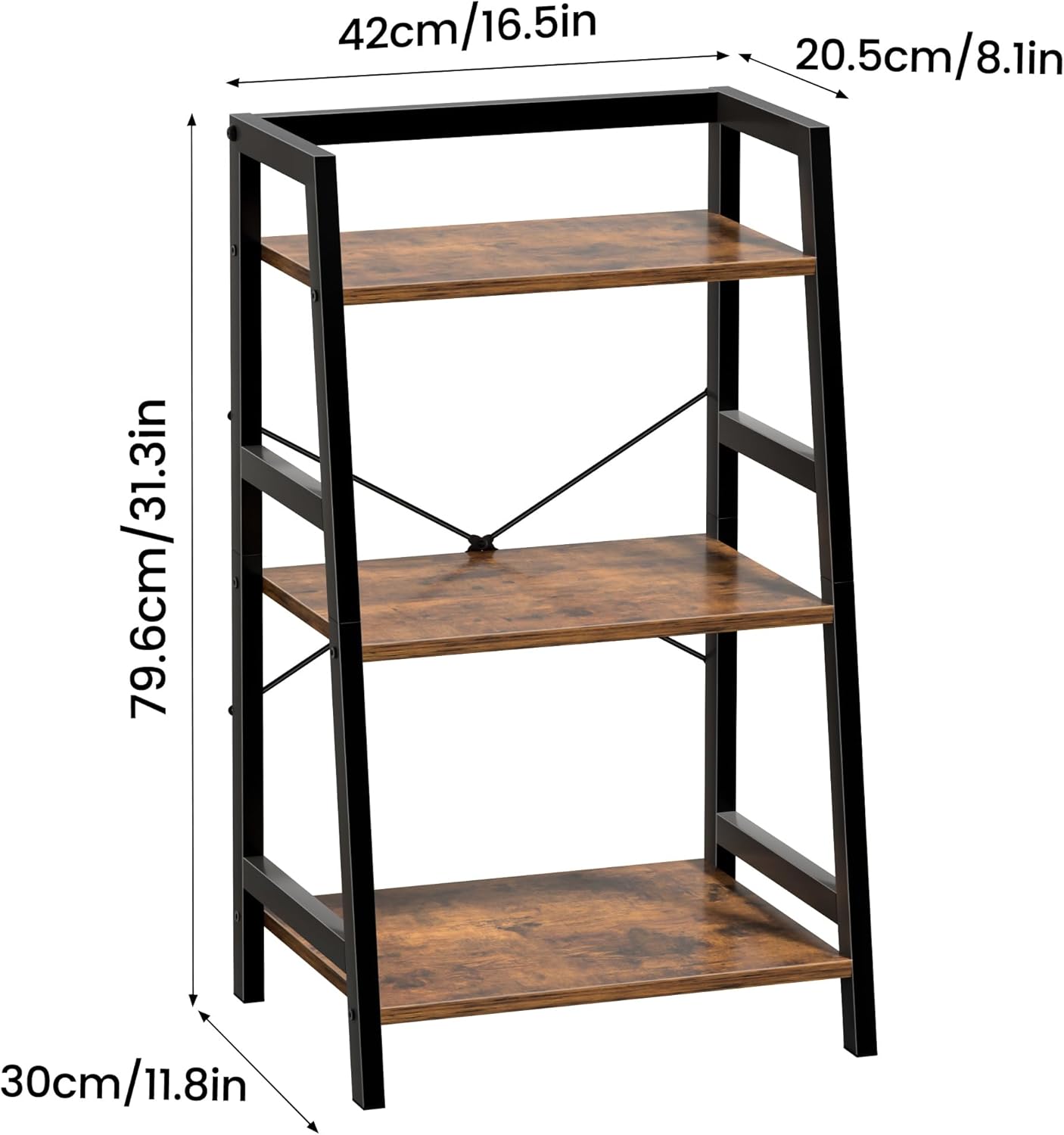 3-Tier Bookshelf, Ladder Shelf for Small Spaces, Industrial Short Bookshelf, Small Bookcase for Living Room, Bedroom, Home Office, Kitchen, 11.8 "D x 16.5" W x 31.3 "H, Rustic Brown