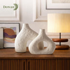DOWAN Ceramic Vase Set of 2, 7.6" Decorative Pampas Vase for Home Decor, Modern Farmhouse Pottery Vase for Living Room Coffee Table Kitchen Bedroom Desk Entryway Mantel Book Shelf, Soft White