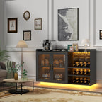 Loomie Wine Bar Cabinet with LED Lights, Floating Coffee Bar with Glass Rack and Removable Wine Racks, Modern Buffet Sideboard with Storage Shelves, Kithchen Bar with Glass Cabinet Doors, Black