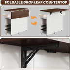 LIKIMIO Kitchen Island with Power Outlet & USB Charging, Rolling Island on Wheels with Drop Leaf, Farmhouse Kitchen Island Cart with Spice Rack, Wine Rack & Glass Holder for Small Kitchen, White
