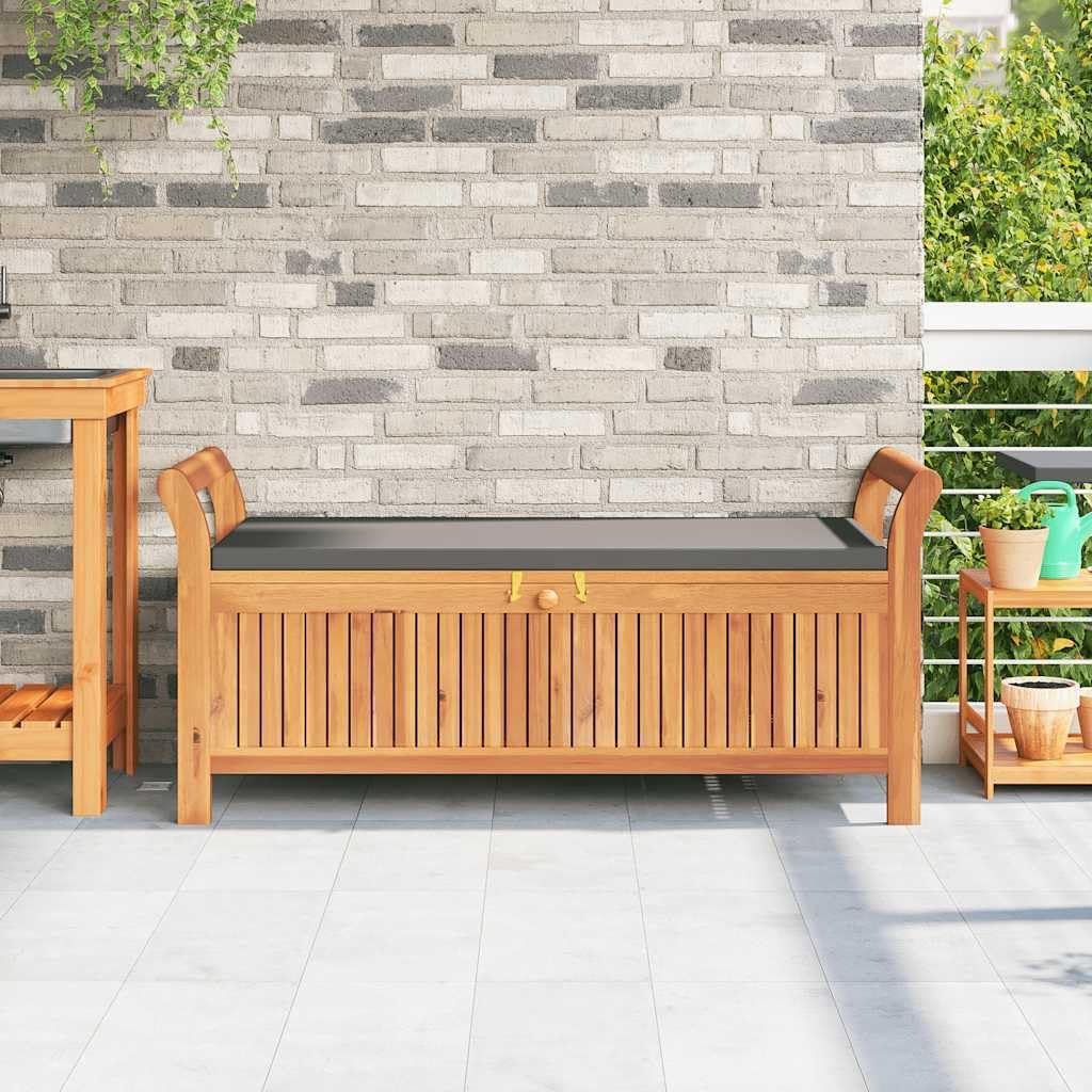 Outdoor Storage Bench with Cushion 49.6 Inch Acacia Wood Garden Seating Organizer for Patio Deck Backyard Gray
