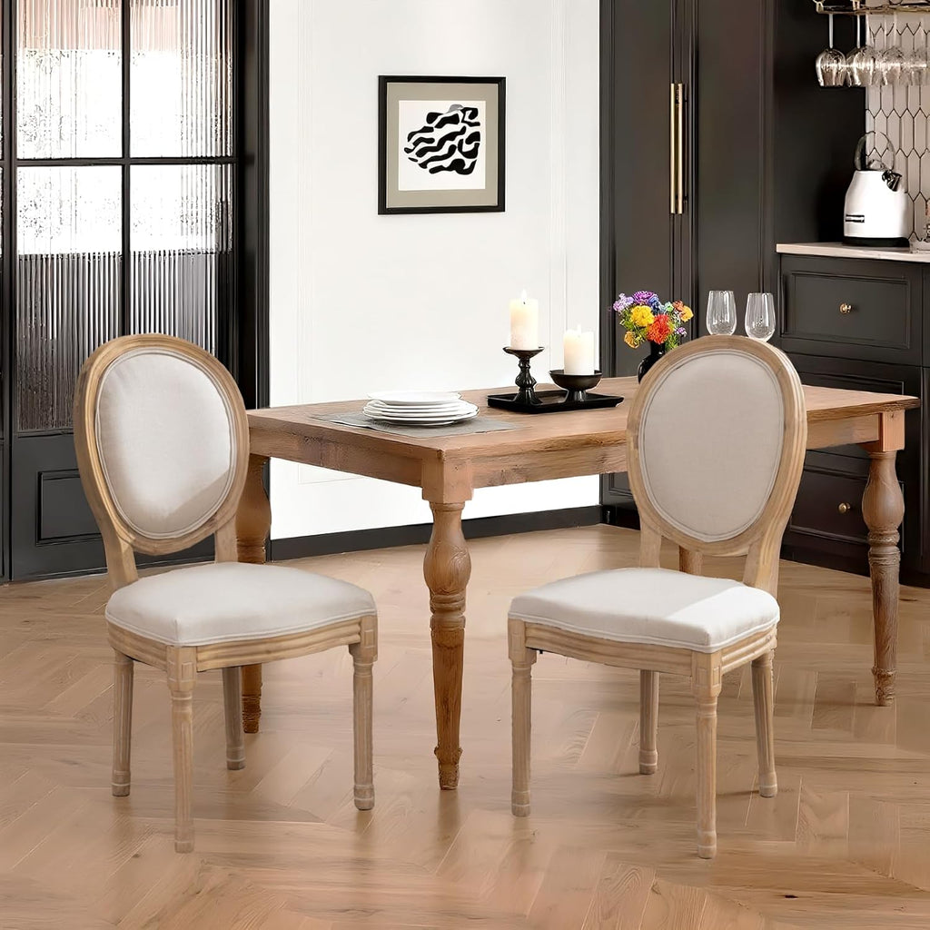 French Country Dining Chairs Set of 2,Farmhouse Upholstered Dining Room Chairs with Round Back and Solid Leg,Fabric Kitchen Side Chairs for Kitchen/Bedroom/Dining Room,Beige