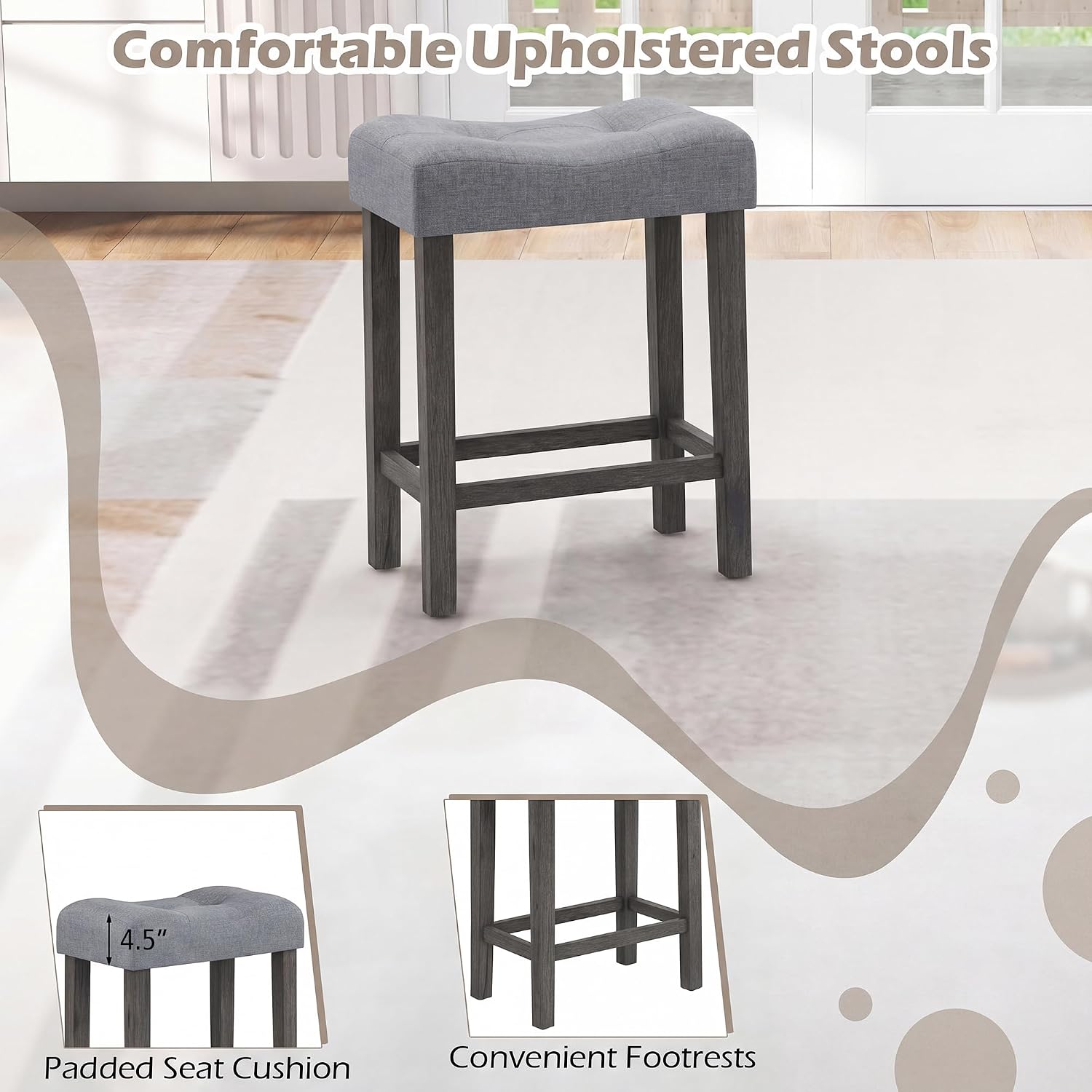 COSTWAY 4-Piece Farmhouse Bar Table Set with Power Outlet, Counter Height Dining Table Set w/ 3 Upholstered Stools, Wood Console Table Set for Kitchen, Dining Room, Living Room (Gray)