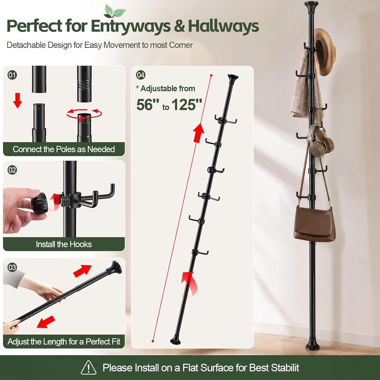 Coat Rack Freestanding, 56 to 125 inch Adjustable Tension Rod Hanger with 12 Hooks for Hanging Coat, Plant,Jacket, Hat, Scarf, Suitable for Living Room, Balcony, Kitchen Black