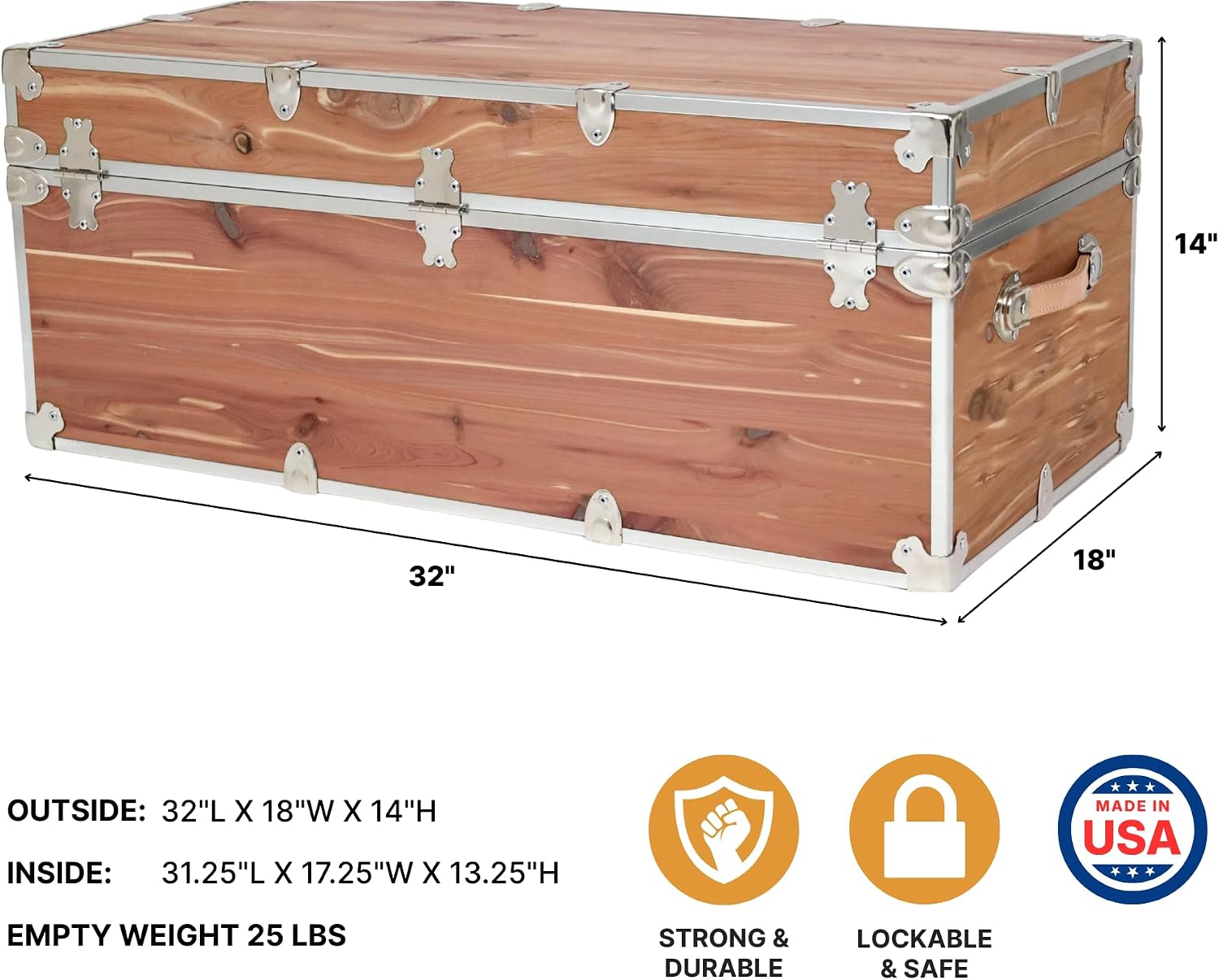 Rhino Trunk & Case Knotty Cedar Chest – Large Storage Box, Coffee Table, End of Bed Trunk or Entryway Storage Bench – 32"x18"x14" USA-Made, Furniture Grade, Heirloom Aesthetic – Strong and Secure