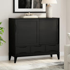 SIMPLIHOME Harper Medium Storage Cabinet - 48 inch Wide Solid Hardwood Sliding Door Cabinet in Black, Mid-Century Modern Cupboard for Living Room or Entryway with 3 Drawers and Tapered Legs