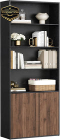 SONGMICS Home Book Shelf, Snapsemble Superfast Assembly, 6-Tier Floor Standing Bookcase with Doors and Adjustable Shelves, 70.4 Inches Tall for Bedroom Living Room, Ebony Black and Natural Walnut