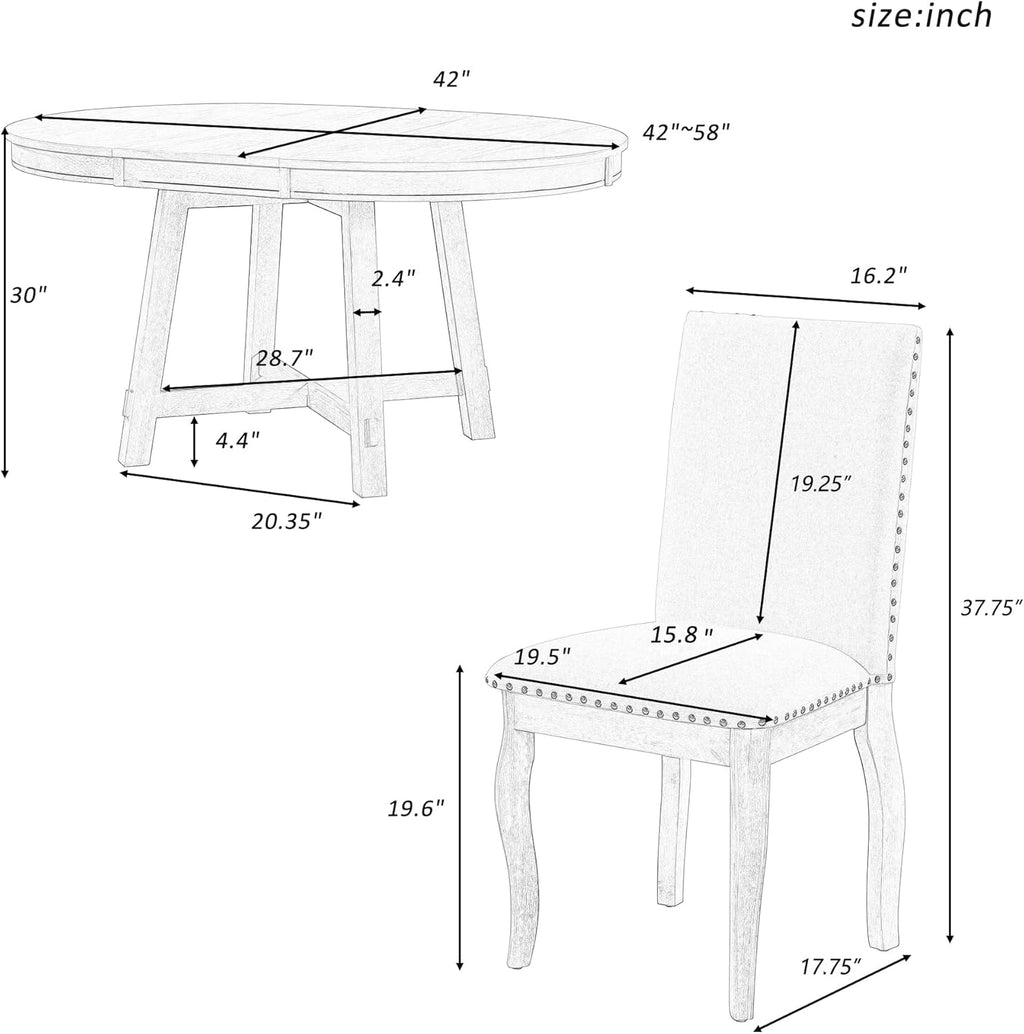 Knocbel Farmhouse 4-Person Extendable Dining Table Set, 5-Piece Dinette Set with Upholstered Nailhead Trim Chairs, Kitchen Dining Room Small Space Furniture Set (Oak Natural and Antique White)
