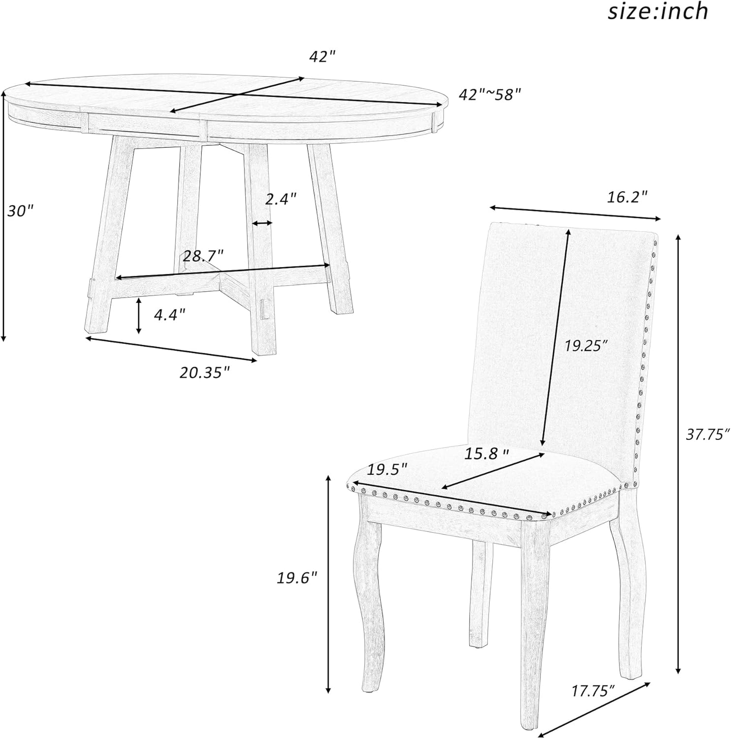 Knocbel Farmhouse 4-Person Extendable Dining Table Set, 5-Piece Dinette Set with Upholstered Nailhead Trim Chairs, Kitchen Dining Room Small Space Furniture Set (Oak Natural and Antique White)