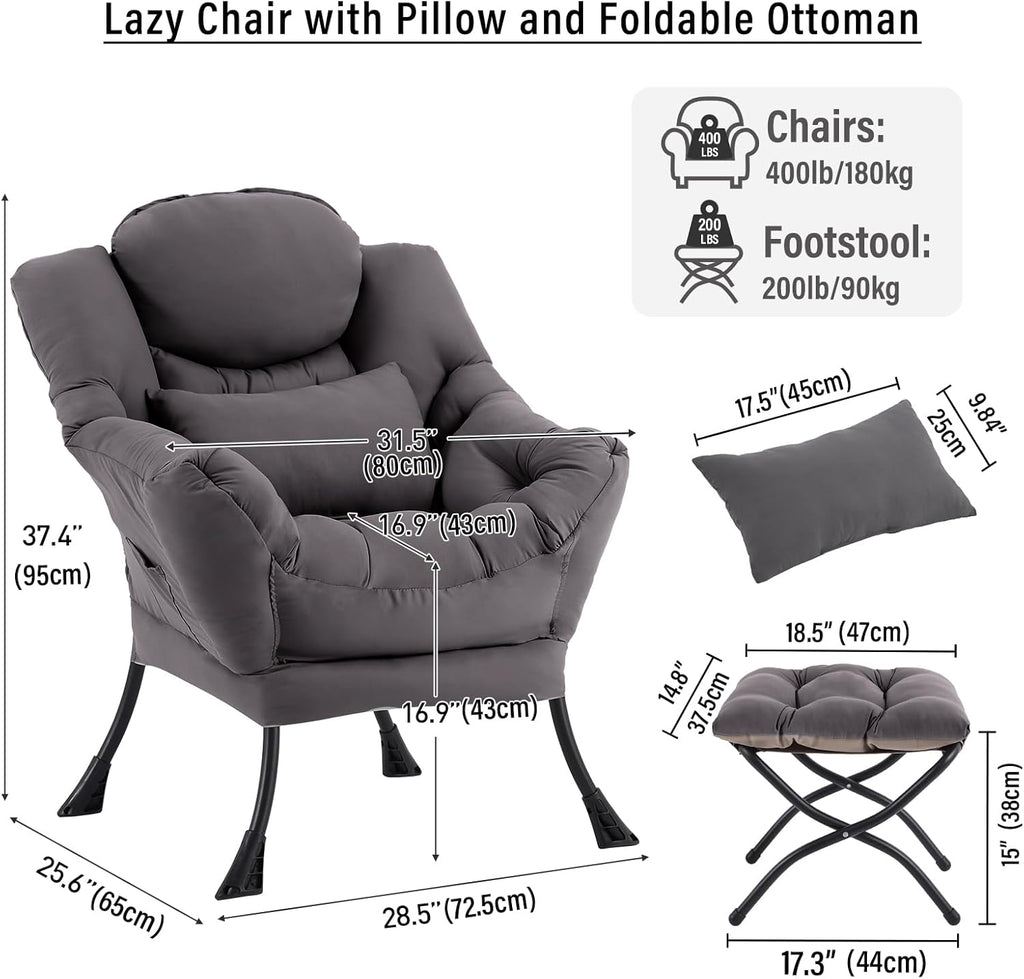 Lazy Chair with Ottoman, Reading Chair with Pillow，Dark Grey | Comfy Accent Lounge Chair with Pillow & folding Foot Stool, sturdy metal frame for bedroom, dorm or apartment, Living Room