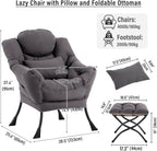 Lazy Chair with Ottoman, Reading Chair with Pillow，Dark Grey | Comfy Accent Lounge Chair with Pillow & folding Foot Stool, sturdy metal frame for bedroom, dorm or apartment, Living Room