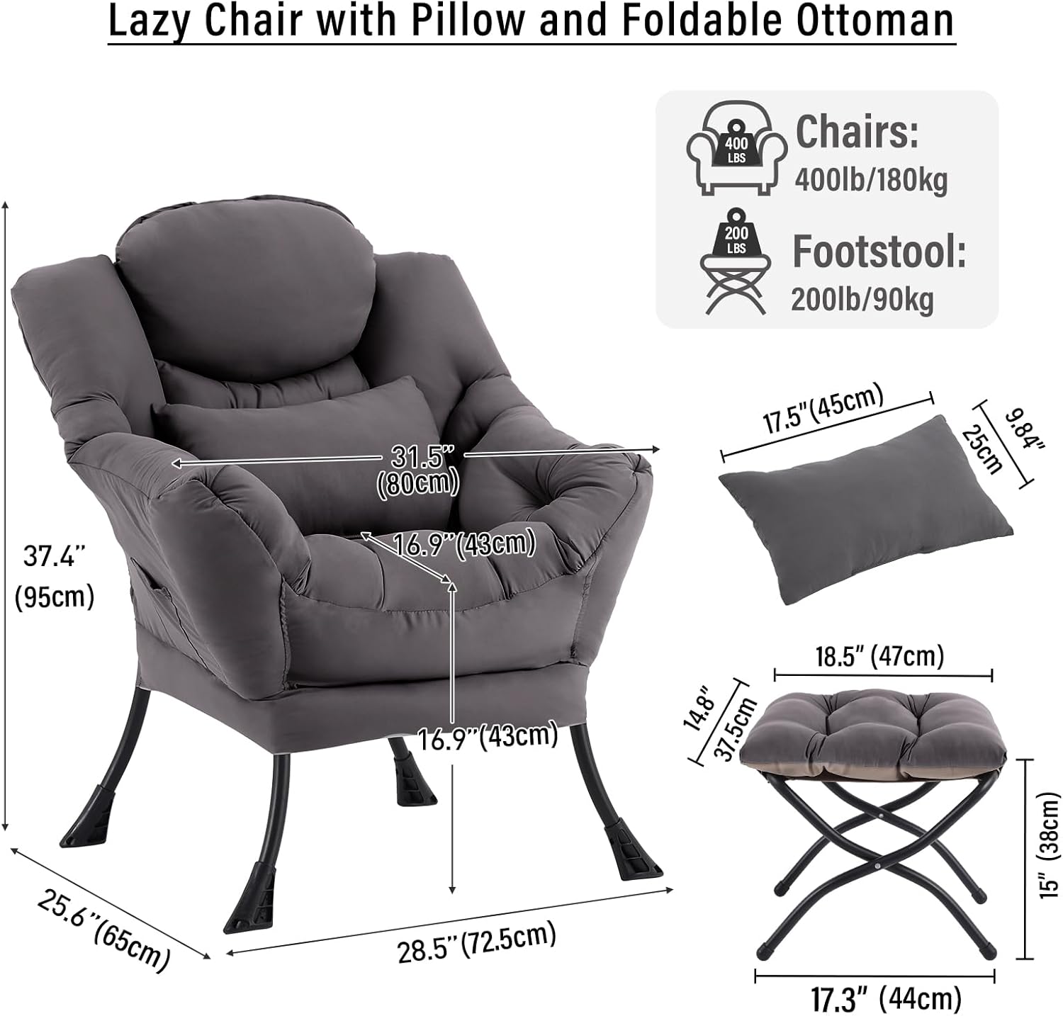 Lazy Chair with Ottoman, Reading Chair with Pillow，Dark Grey | Comfy Accent Lounge Chair with Pillow & folding Foot Stool, sturdy metal frame for bedroom, dorm or apartment, Living Room