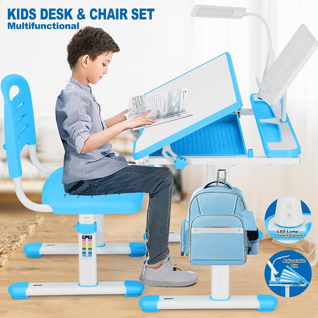 Artist hand Kids Desk and Chair Set, Ergonomic Height Adjustable Kids Desk with Tiltable Desktop, LED Light & Pull-Out Drawer, Kids Drawing Table Study Desk for Kids 3-12 Boys Girls, Blue