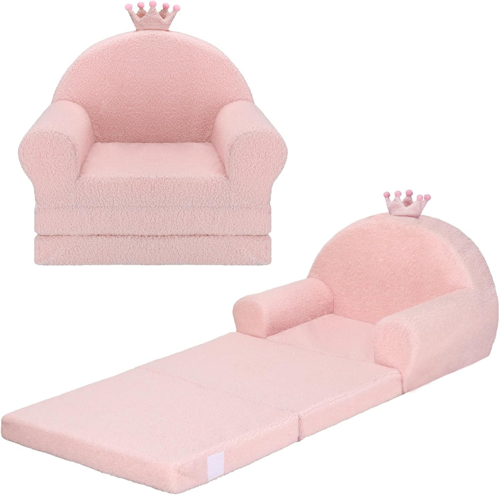 MONKISS Princess Toddler Chairs Comfy, 2-in-1 Fold Out Kids Sofa Bed, Cozy Toddler Couch, Baby Lounge Chair, Soft Mini Couch for Kids, 1-4 Years Old, SF05, Pink Crown