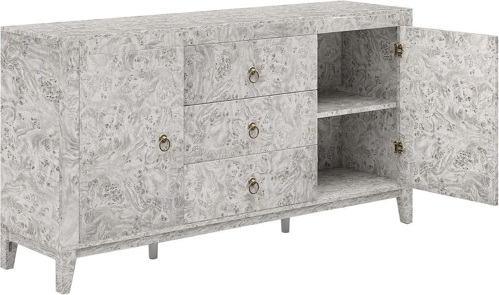 LUXOAK 60'' High Gloss Burl Wood Buffet Sideboard, Storage Cabinet with 3 Drawers & 2 Closed Cabinets, Modern Buffet Table for Dining Room,Living Room, Grey