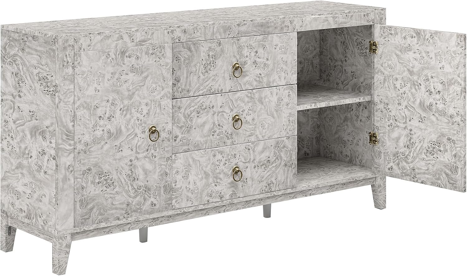 LUXOAK 60'' High Gloss Burl Wood Buffet Sideboard, Storage Cabinet with 3 Drawers & 2 Closed Cabinets, Modern Buffet Table for Dining Room,Living Room, Grey
