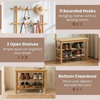 GIANTEX 3-in-1 Hall Tree with Bench and Shoe Storage, 11 Hanging Rods | Bamboo Coat Rack Freestanding w/ PE Rattan Bench & 3-Tier Shoe Rack, Narrow Mudroom Storage Organizer for Entryway Bedroom