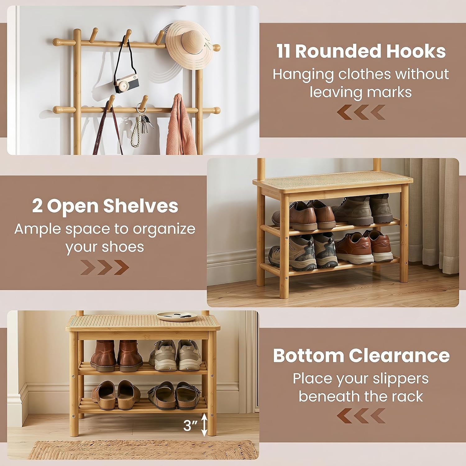 GIANTEX 3-in-1 Hall Tree with Bench and Shoe Storage, 11 Hanging Rods | Bamboo Coat Rack Freestanding w/ PE Rattan Bench & 3-Tier Shoe Rack, Narrow Mudroom Storage Organizer for Entryway Bedroom