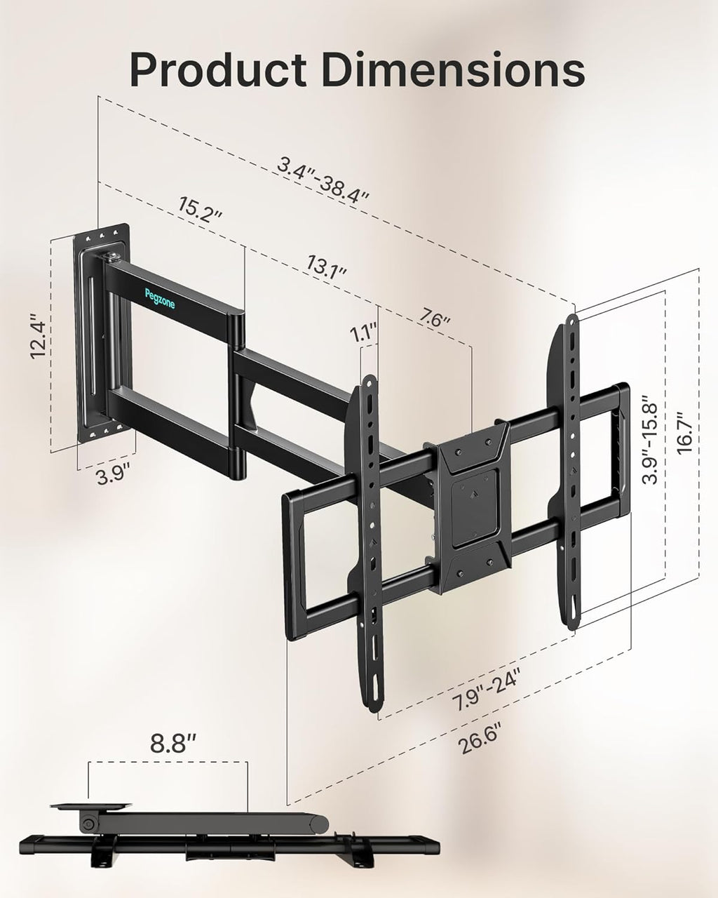 Pegzone Long Arm TV Wall Mount for 37-86 Inch TVs, 38 Inch Extra Long Extension TV Bracket, Swivel Tilt Full Motion TV Wall Mount Fit Max VESA 600 x 400mm, Heavy Duty Up to 110lbs, Single Stud