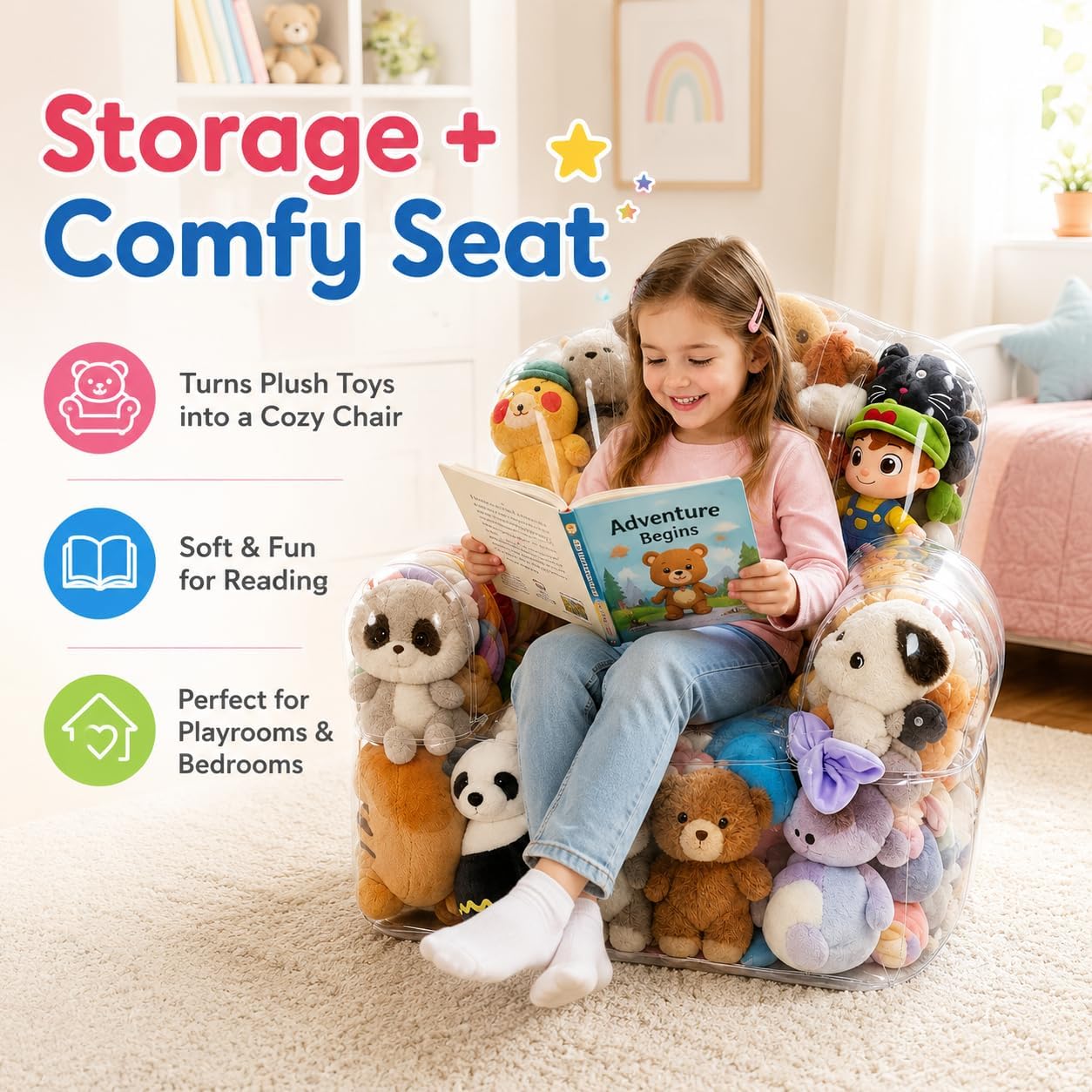 Clear Stuffed Animal Storage Bean Bag Chair Cover for Kids Waterparoof Beanbag Chair Cover with Zipper, PVC Bean Bag Chair for Children Plush Toys Storage & Organizing (Chair）