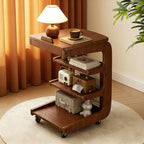 Solid Wood C Shaped End Table with Wheels,3 Layer Small Rolling Side Table Storage Rack,Couch Table with Adjustable Desktop,Mobile Storage Cabinet for Living Room and Bedroom,Brown,24.8in