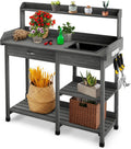 TANGZON Garden Potting Table, Wooden Potting Bench with Large Sink, Drawer, Open Shelves & 3 Hooks, Outdoor Gardening Flower Plant Workstation for Patio Balcony Yard Lawn (Grey)