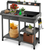 TANGZON Garden Potting Table, Wooden Potting Bench with Large Sink, Drawer, Open Shelves & 3 Hooks, Outdoor Gardening Flower Plant Workstation for Patio Balcony Yard Lawn (Grey)