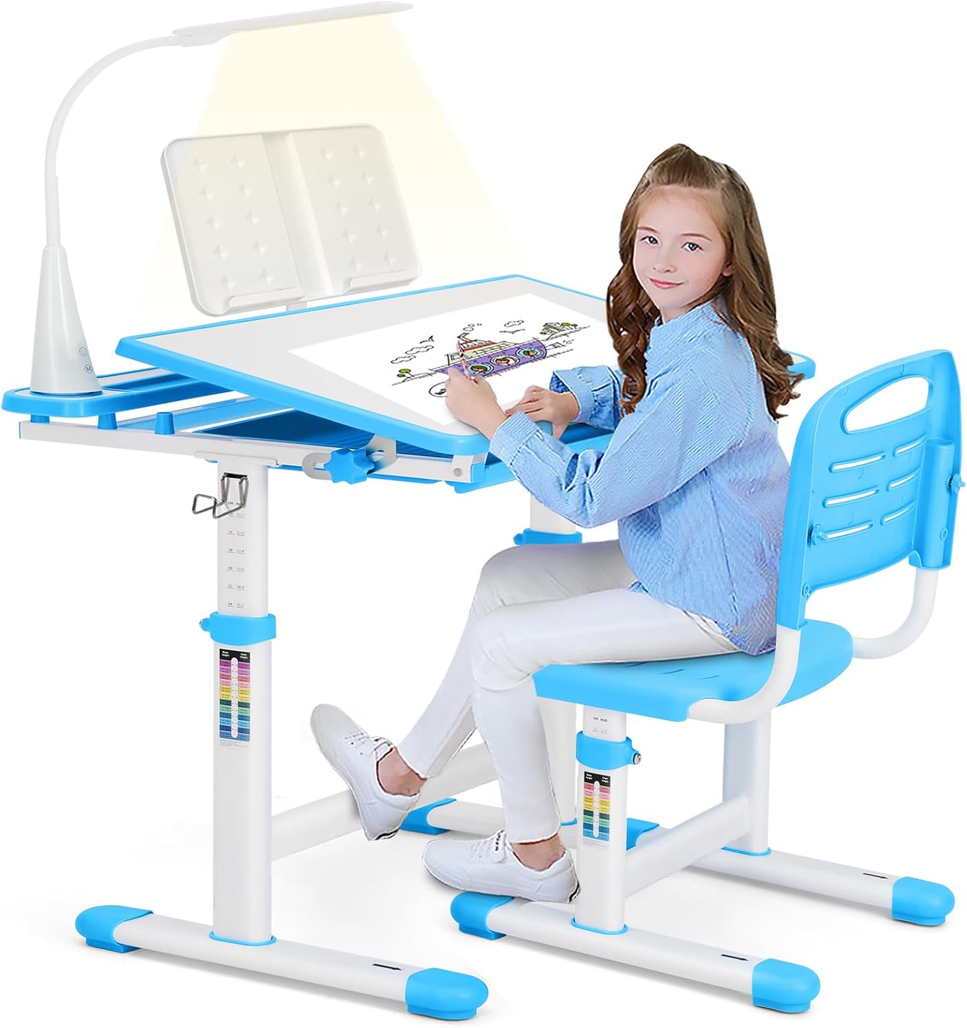 Artist hand Kids Desk and Chair Set, Ergonomic Height Adjustable Kids Desk with Tiltable Desktop, LED Light & Pull-Out Drawer, Kids Drawing Table Study Desk for Kids 3-12 Boys Girls, Blue